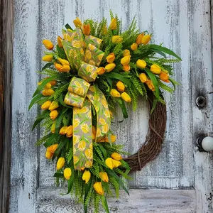 Faux Easter Yellow Tulip Door Swag, Greenery with Tulip Print Bow, Farmhouse Porch Decoration for Spring & Living Room