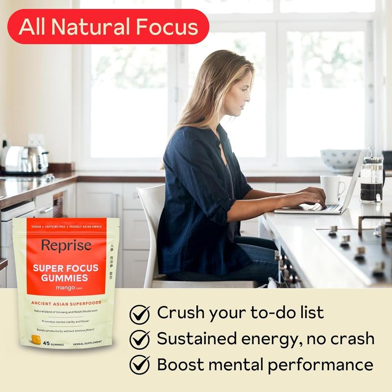 Super Focus Gummies for Adults | American & Korean Ginseng with Reishi Mushroom extracts | All Natural Gummies for Focus, Mood, and Energy | Mango Flavored | 45 Count