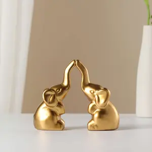 Golden Elephant Couple Figurines - Resin Decorative Sculptures for Home Decor - Love-Themed Tabletop Ornament Set Decoration Living Room