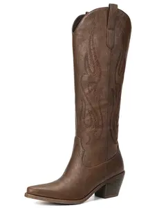 Western Cowboy Boots for Women - Knee High Wide Calf Pull-On Cowgirl Boots, Chunky Heel Pointed Toe Retro Fashion Boots for Party & Concert