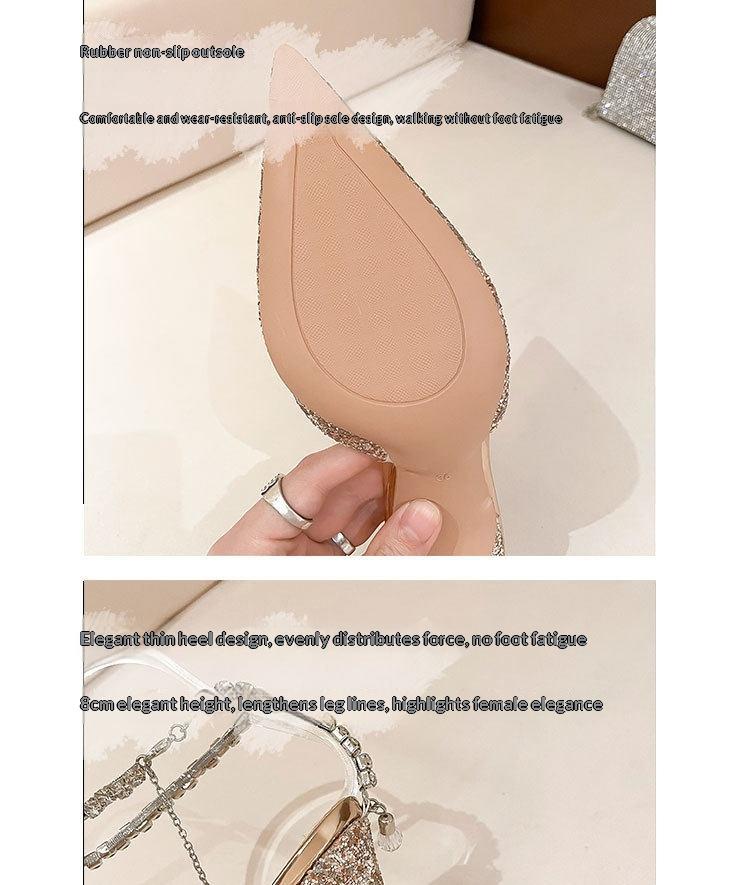 Sharp Pointed Rhinestone Chain High Heels With Fine Heels