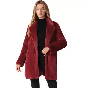 Allegra K Women's Lapel Collar Faux Fur Fuzzy Winter Long Overcoat with Pockets Medium Red