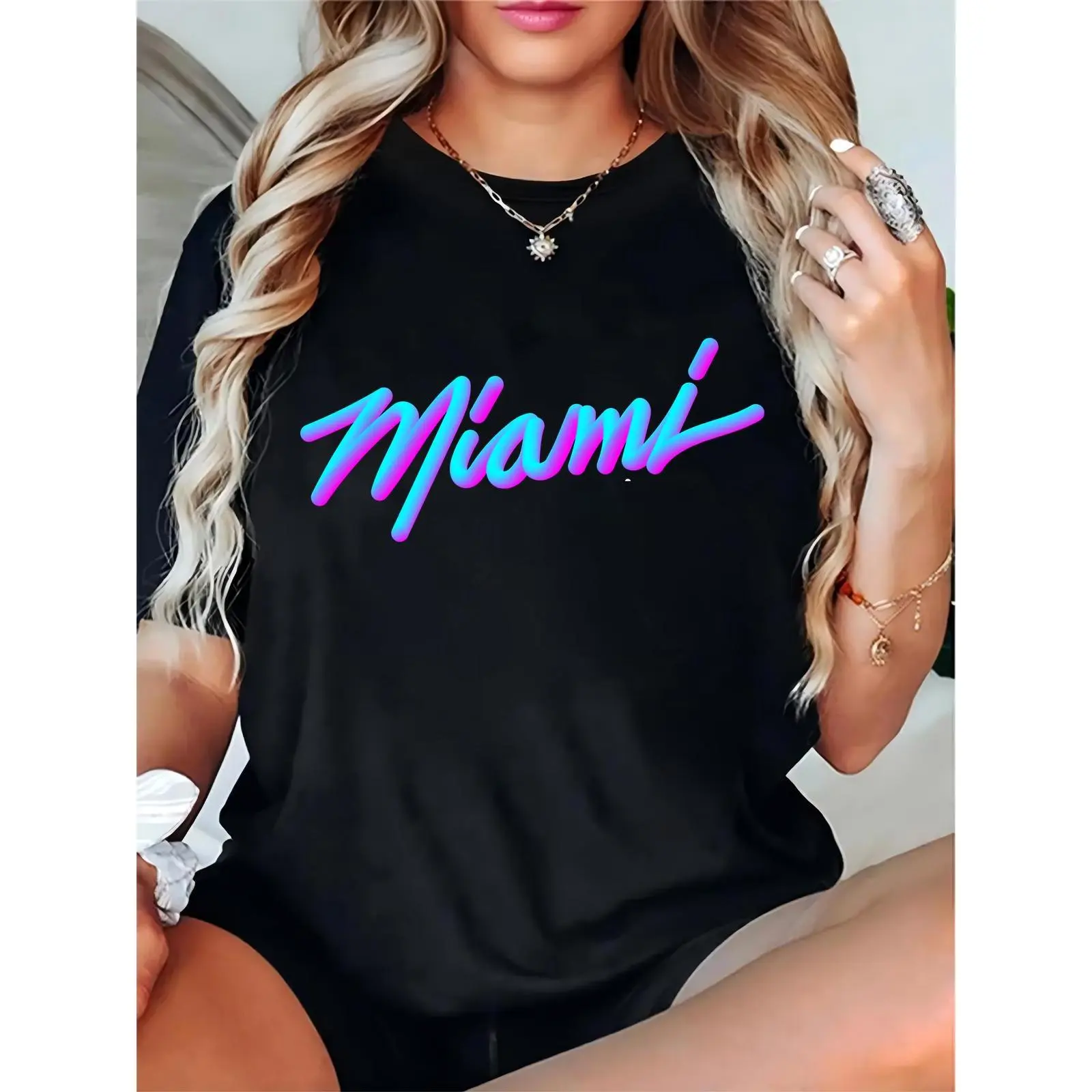 Women’s Black Neon Miami Script T-Shirt – Casual Summer Streetwear for Daily, Beach & Miami-Themed Occasions