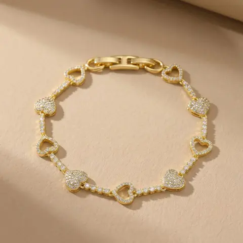 KissYan Women's 14K Gold Plated Dainty Heart Tennis Bracelet - Lead-Free Metal, Lightweight, Adjustable Length Fashion Wrist Jewelry, Cute Cubic Zirconia, Casual Anniversary Mothers Day Gift, Dainty Bracelets