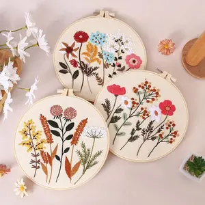 DIY handmade embroidery kit material package, Flower Embroidery Kit for Beginners with Pattern and Instructions,4 Pack Cross Stitch Kits,2 Wooden Embroidery Hoops,Threads and Needles, Needlepoint Kits for Adults