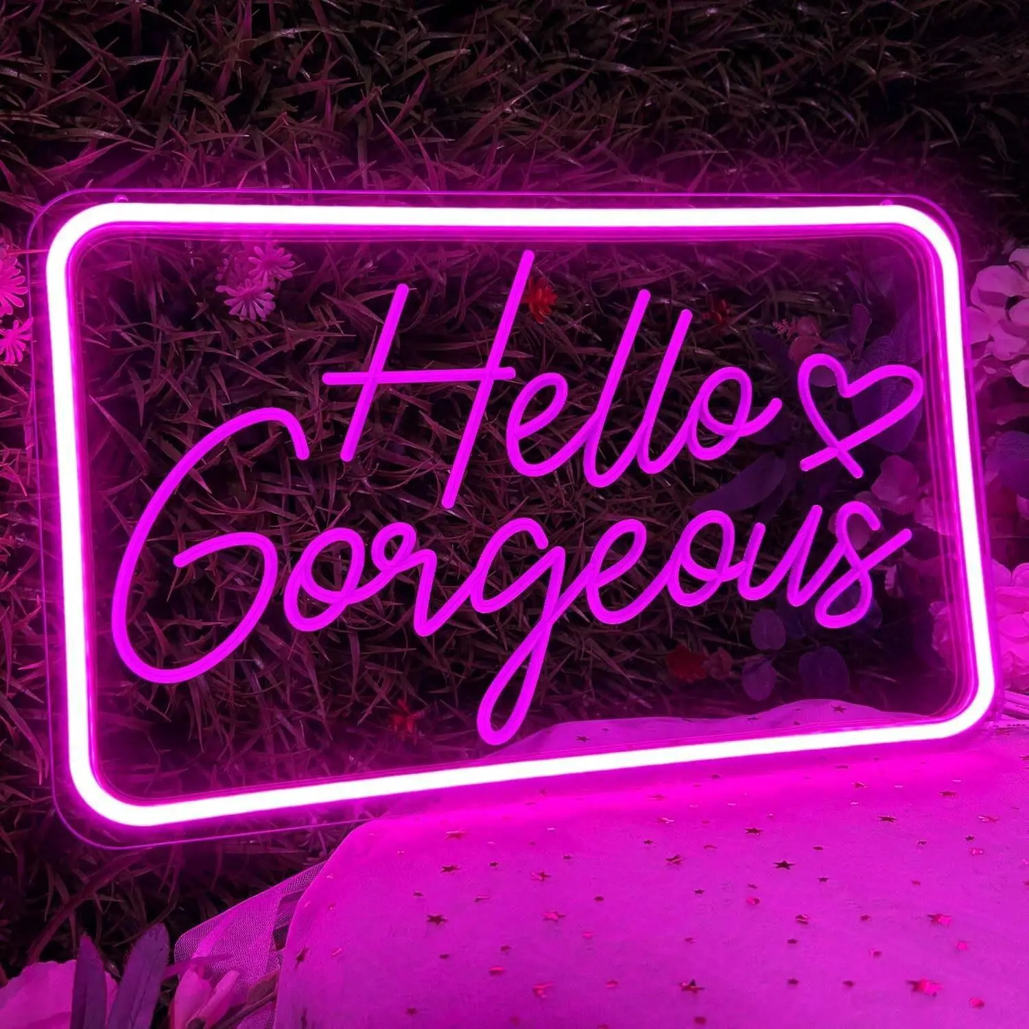 ROSNEK Pink Hello Gorgeous Neon Signs Hello Beautiful Bedroom Neon Sign Light LED Neon Sign for Background Wall Decor Family Weddings Birthdays Neon Light USB Powered With Dimmable Switch