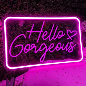 ROSNEK Pink Hello Gorgeous Neon Signs Hello Beautiful Bedroom Neon Sign Light LED Neon Sign for Background Wall Decor Family Weddings Birthdays Neon Light USB Powered With Dimmable Switch