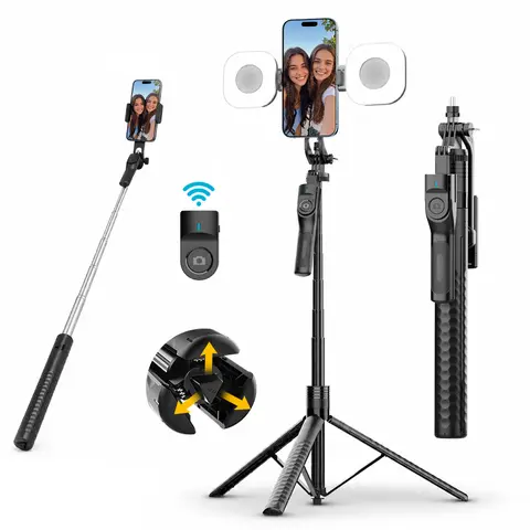 74.8 in Self-Timer Tripod Selfie Stick with LED Fill Light, Wireless Bluetooth Remote, Adjustable Cellphone/Smartphone Mount, 360° Rotatable Extendable Selfie Accessories for Travel Vlogging, Full Body Photos