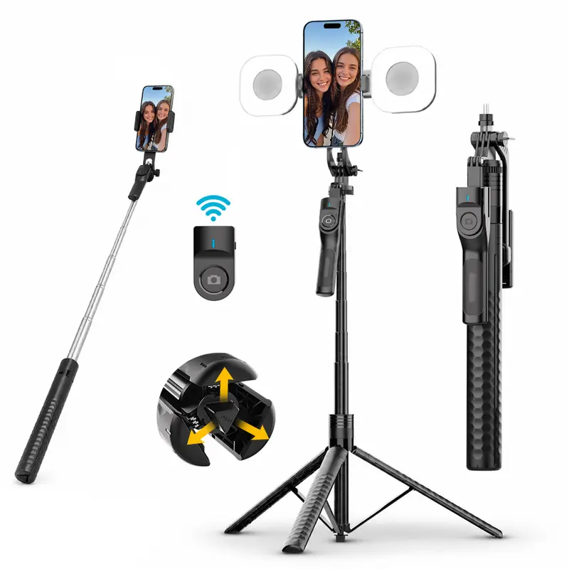 74.8 in Self-Timer Tripod Selfie Stick with LED Fill Light, Wireless Bluetooth Remote, Adjustable Cellphone/Smartphone Mount, 360° Rotatable Extendable Selfie Accessories for Travel Vlogging, Full Body Photos