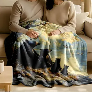 1 piece Mama bear and baby bear by the autumn lakeside themed flannel blanket - Oversized comfortable fluffy sofa blanket, suitable for beds and sofas, modern geometric pattern design, all-season multi-purpose use, digital printing, 100% polyester