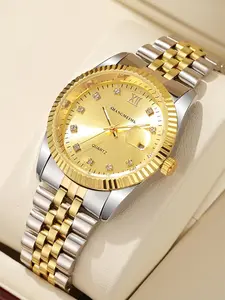 Men's Business Fashion Round Dial Analog Quartz Watch, Business Fashion Watches, Fashion Rhinestones Decor Watch for Party, Daily Decor, Trendy All-match & Exquisite Watch for Birthday Gift without Box