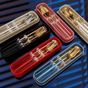 Stainless Steel Cutlery Set with Storage Box, Tableware Kit, 4-Piece Portable Reusable Utensil Set for Home Office School Camping Travel