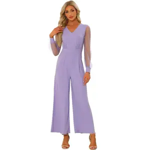 Allegra K Women's Elegant V Neck Mesh Long Sleeve Loose Wide Leg Romper Party Jumpsuits Small Light Purple