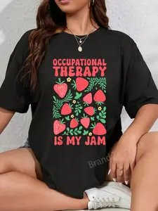 100% Cotton Retro Occupational Therapy Is My Jam Boho Floral Strawberry T-Shirt