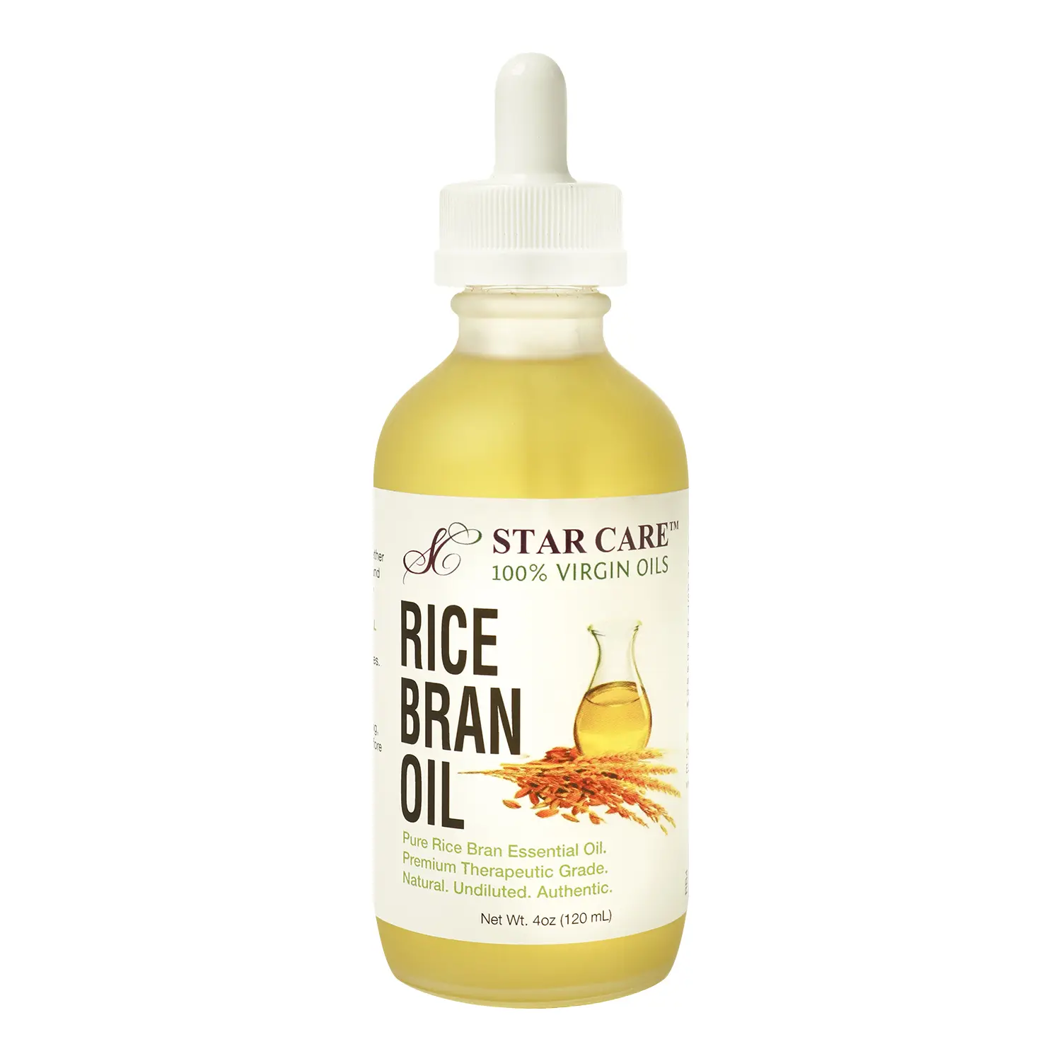 StarCare Virgin Rice Bran Oil for Haircare, Cold Pressed Hair Oil to Nourish and Repair Damaged Hair, 4oz, Pure Rice Bran, Use 2-3 Drops, Avoid Eyes, Damage Repair, Skin Aging, Body Care, Pure Rice Bran Essential Oil