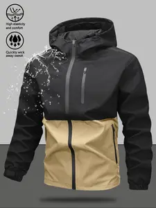 Men's Regular Fit Letter Print Waterproof Windproof Zippered Jacket, Casual Lightweight Breathable Detachable Hooded Jacket for Outdoor Activities, Fashion Men's Outerwear for All Seasons, durable rain gear, Coats, Menswear