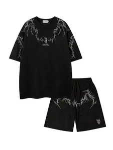 Summer New Design Thorn Embroidery Short Sleeve T-Shirt Set, Men's Fashion Casual Sports Five-Quarter Shorts Two-Piece Set