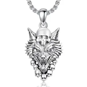 MEIDERBO Dream Chaser Wolf Skull Necklace for Men 925 Sterling Silver Oxidized Finish Wild Animal Pendant Captain Steel Style Stainless Steel Bead Chain 22+2 Inch