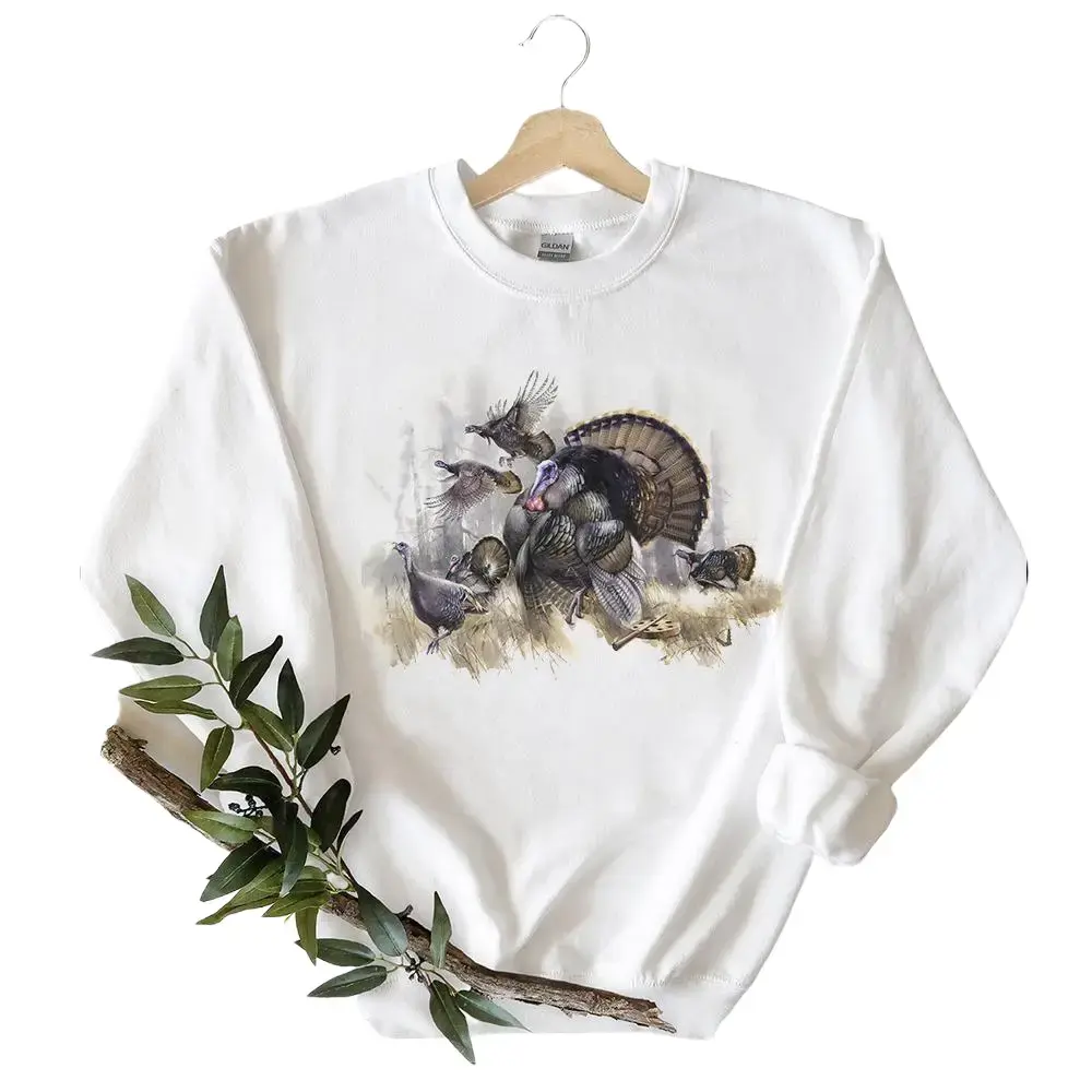 Vintage Turkey Sweatshirt, Casual Long Sleeve Cotton Pullover, Retro Animal Lover Gobbler Graphic Top for Fall