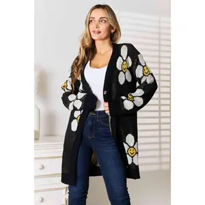 DoubleTake Floral Button-Front Longline Cardigan