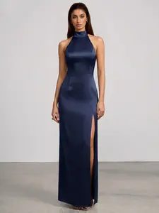 [NEW] Azazie Selene High Neck Halter Backless Satin Maxi Dress with Side Slit