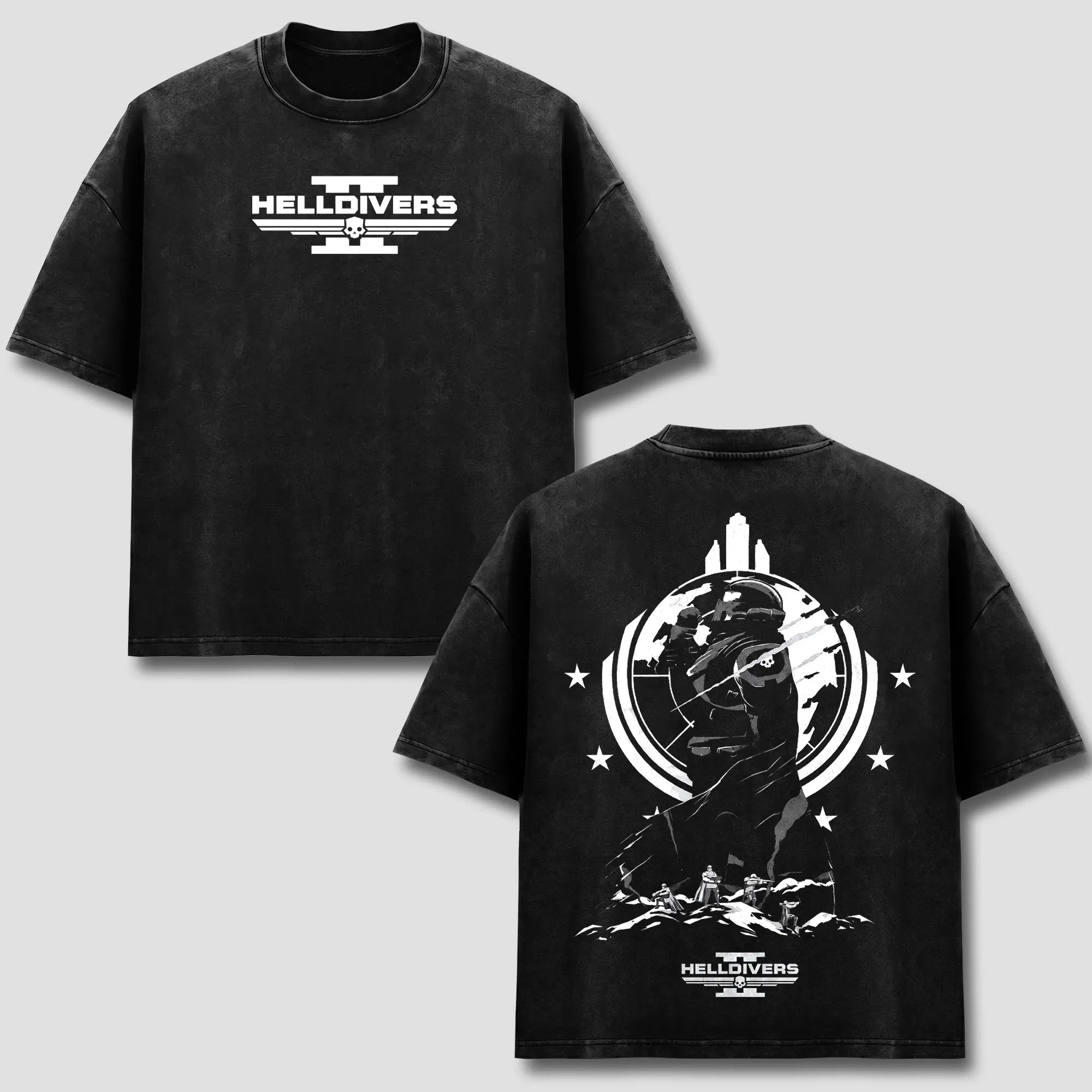 Helldivers 2 T-Shirt, Super Earth Sci-Fi Gaming Tee, Skull Emblem Soldier Graphic Apparel, Freedom Fighter Retro 90s Bootleg Co-op Wear, Gamer Universe Fan Heritage Gift, Men Women Heavyweight Oversized Black Acid Wash Clothing