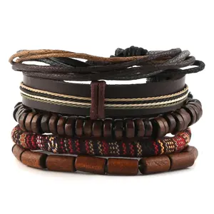 HZMAN Mix 5 Wrap Bracelets Men Women, Hemp Cords Wood Beads Ethnic Tribal Bracelets, Leather Wristbands Boho Style Jewelry Trendy Stack Bangle
