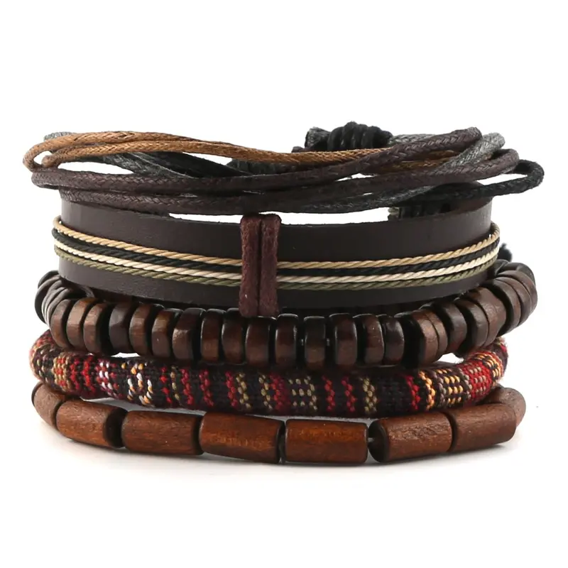 HZMAN Mix 5 Wrap Bracelets Men Women, Hemp Cords Wood Beads Ethnic Tribal Bracelets, Leather Wristbands Boho Style Jewelry Trendy Stack Bangle Beaded Bracelet Adjustable Stack Bracelets