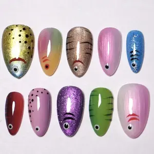 Chic Nail Studio Cute Eyed Fish Press-On Nails, Glossy Gradient Base, 3D Bubble Eyes, Playful Minimal Design, Custom Press-On Nail