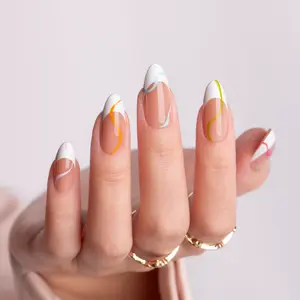 Fluorescent Waves Almond Shape Long Press-On Nails with Adhesive Tabs & Alcohol Prep Pads Ready-to-Press Collection by Designer