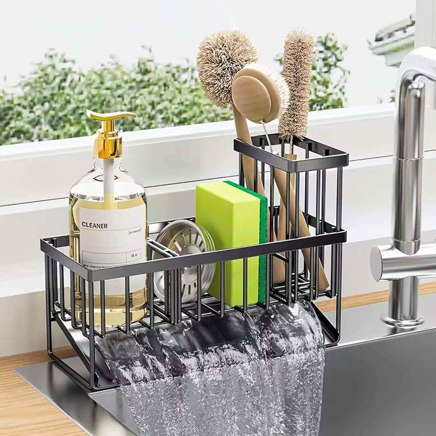 Kitchen sink storage rack with drainage board - multifunctional dishwasher brush, sponge, and cup holder, suitable for countertop storage, storage boxes for home organization, baskets, boxes, and containers