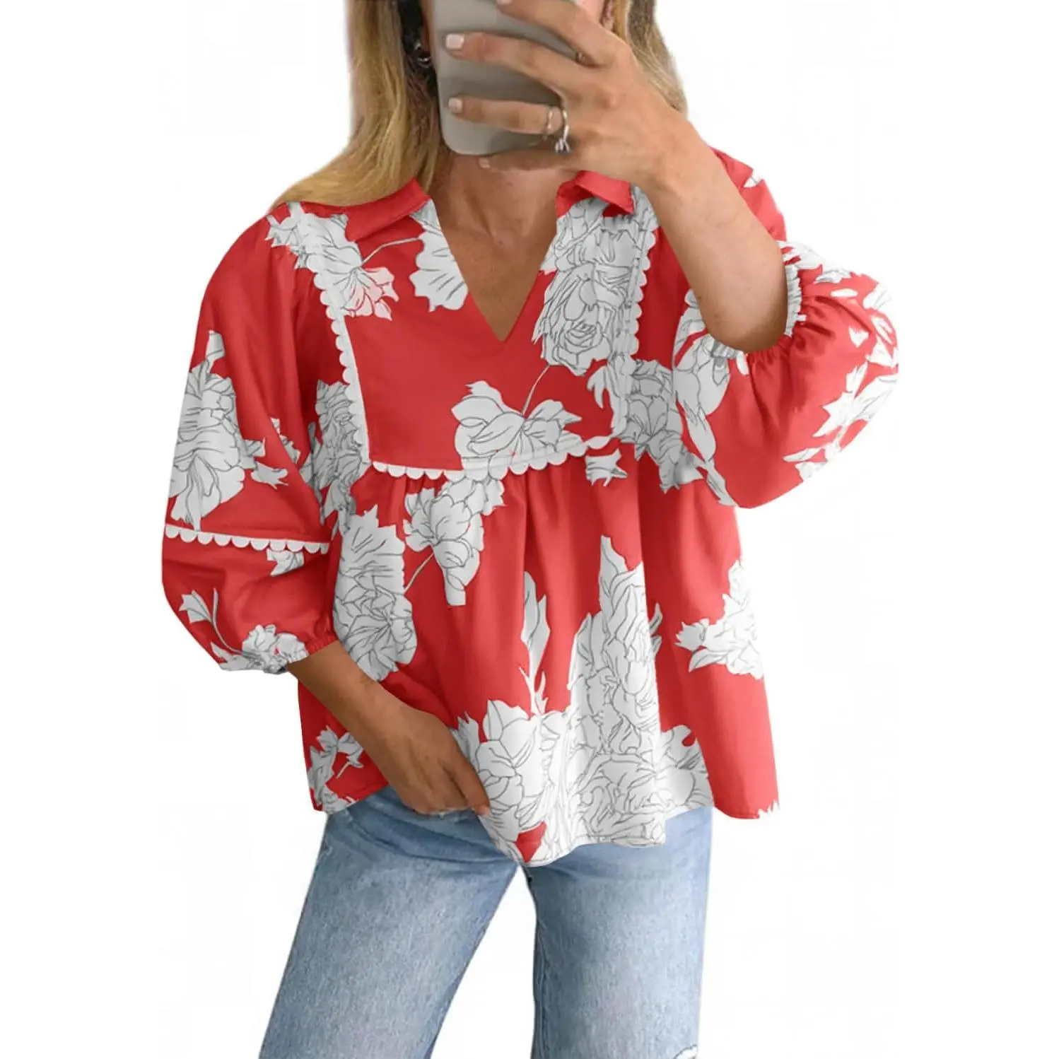 Imily Bela Women's Floral Peplum Babydoll Blouse, 3/4 Puff Sleeves, Pleated, V-Neck, Loose Fit, Flowy Boho Casual Top for Women