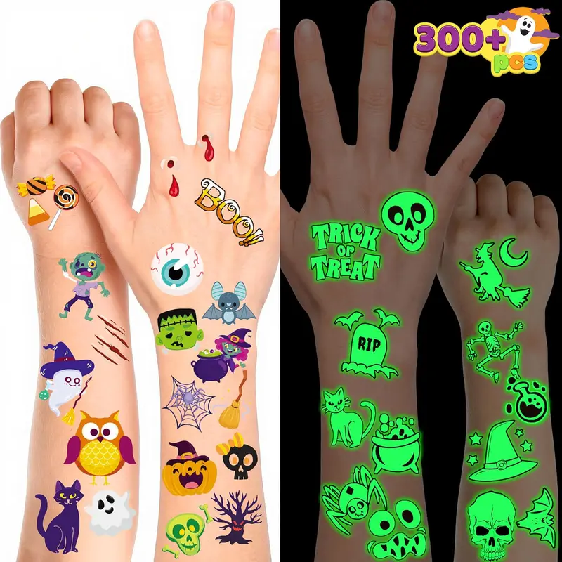 Halloween temporary tattoo mega pack with 306 colorful and glow-in-the-dark designs