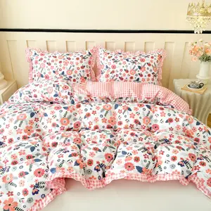 Three-Piece Floral Bedding Set (2 Pillowcases + 1 Duvet Cover), Plaid Ruffle Trim, Fresh Farmhouse Style, All Seasons Comfort