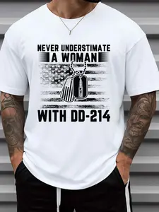 Men's Funny "Never Underestimate a Woman with DD-214" Military Humor T-Shirt - Heavyweight 180g Short Sleeve Round Neck Tee with DD-214, Suitable for Veterans Day Gifts, Casual Wear & Military Apparel for Veterans, Machine Washable
