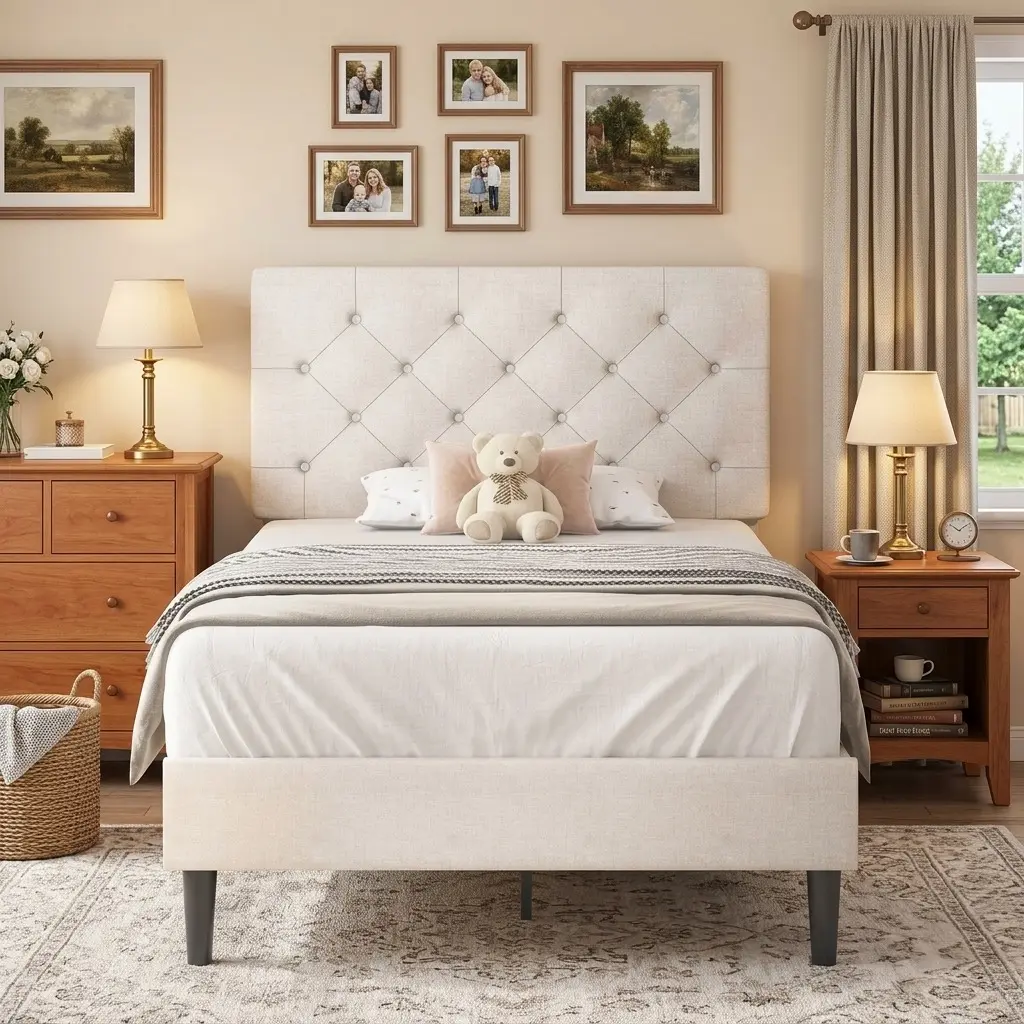 Linen Fabric Upholstered Bed Frame with Button Tufted Headboard, No Box Spring Needed, Easy Assembly, Twin/Full/Queen/King Size, Multi Colors Beige/Pink/Dark Grey/Grey/Blue/Cream/Black for Bedroom Home Decor