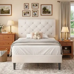 Linen Fabric Upholstered Bed Frame with Button Tufted Headboard, No Box Spring Needed, Easy Assembly, Twin/Full/Queen/King Size, Multi Colors Beige/Pink/Dark Grey/Grey/Blue/Cream/Black for Bedroom Home Decor