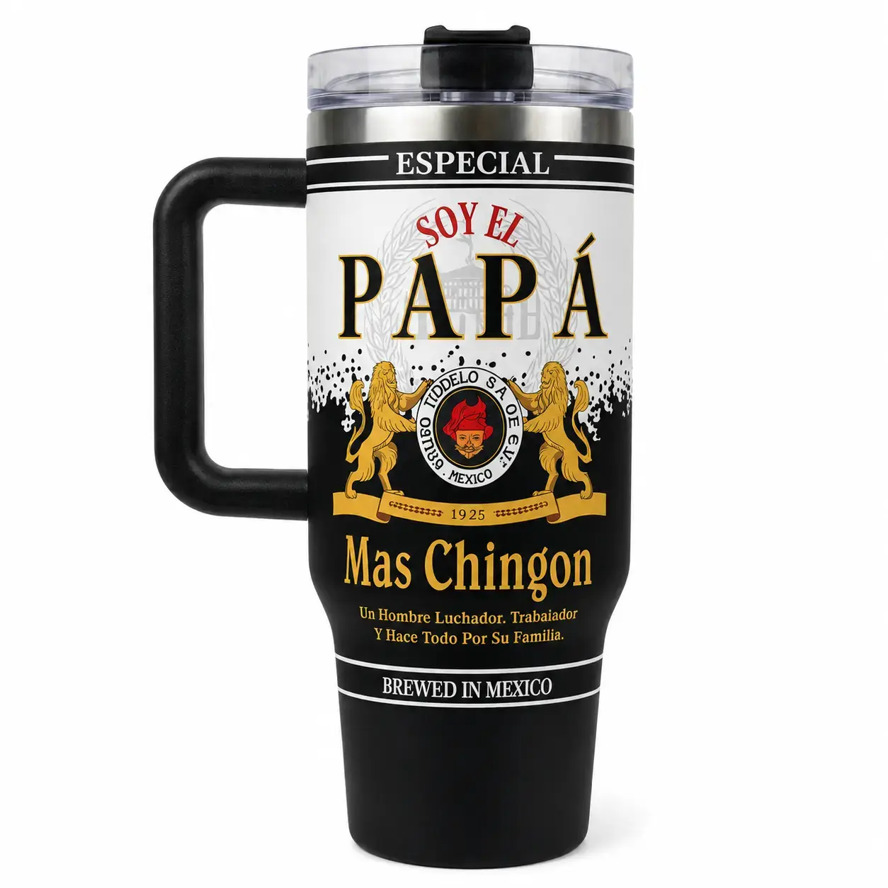 40oz El Papa Mas Chingon Tumbler with Handle and Lid, Stainless Steel Insulated Travel Mug, Spanish Dad Gift for Father’s Day