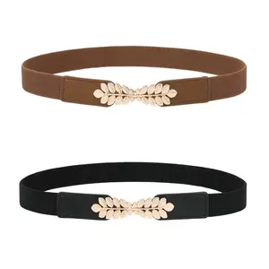 AWAYTR Skinny Belts for Women Dresses Retro Double Knot Buckle Stretchy Elastic Waist Belts for Jeans Dresses 2Pcs/Set