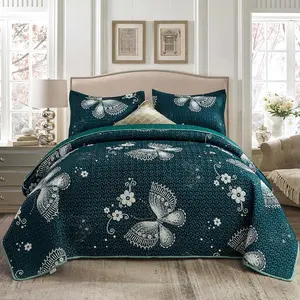 Queen-Size Quilt Set, 3-Piece, Green Butterfly Pattern, Microfiber, Lightweight, All Season