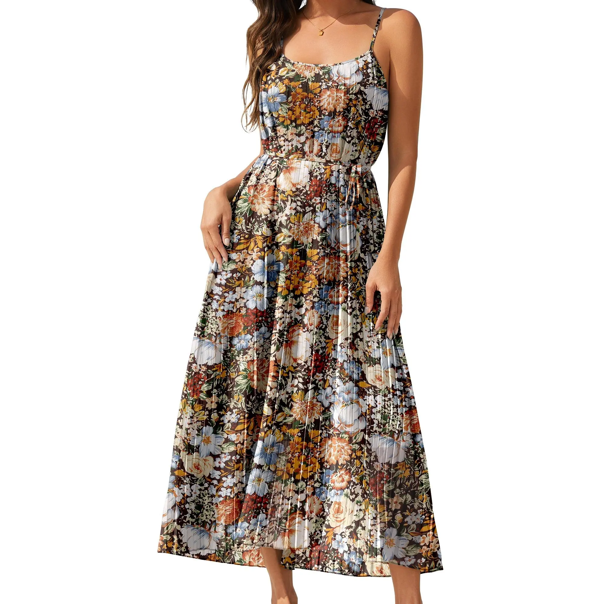 Women's Pleated Dress Chiffon Adjustable Spaghetti Strap Floral Long Dress Summer Outfits campingessentials campingessentials
