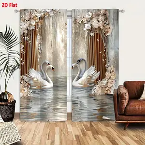 2D Flat 2-Pack Luxury Golden-Brown Floral & Vine Curtains, Ethereal Misty Background Matching Decor, Elegant Drapes with Delicate White Flowers for Living Room Bedroom, Reflective Water Ripple Design Symmetrical Swan Scene Inspired