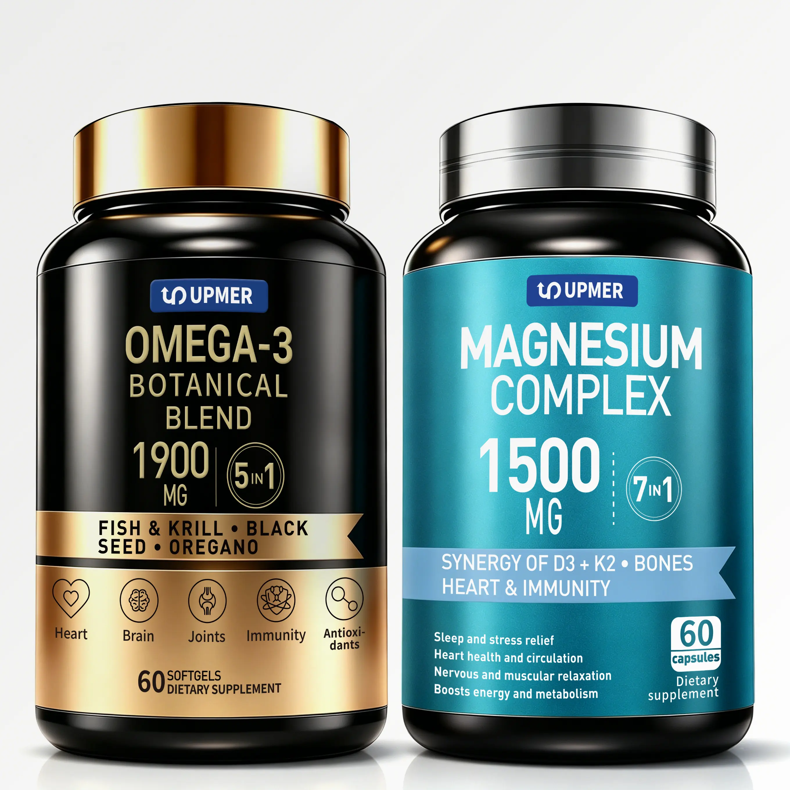 UPMER Omega-3 & Magnesium Complex Bundle | Fish Oil + Krill Oil with CoQ10, Astaxanthin, Vitamin D3 K2 & Multi-Magnesium Blend | Heart, Brain, Bone & Daily Wellness Support | 60 Softgels + 60 Capsules