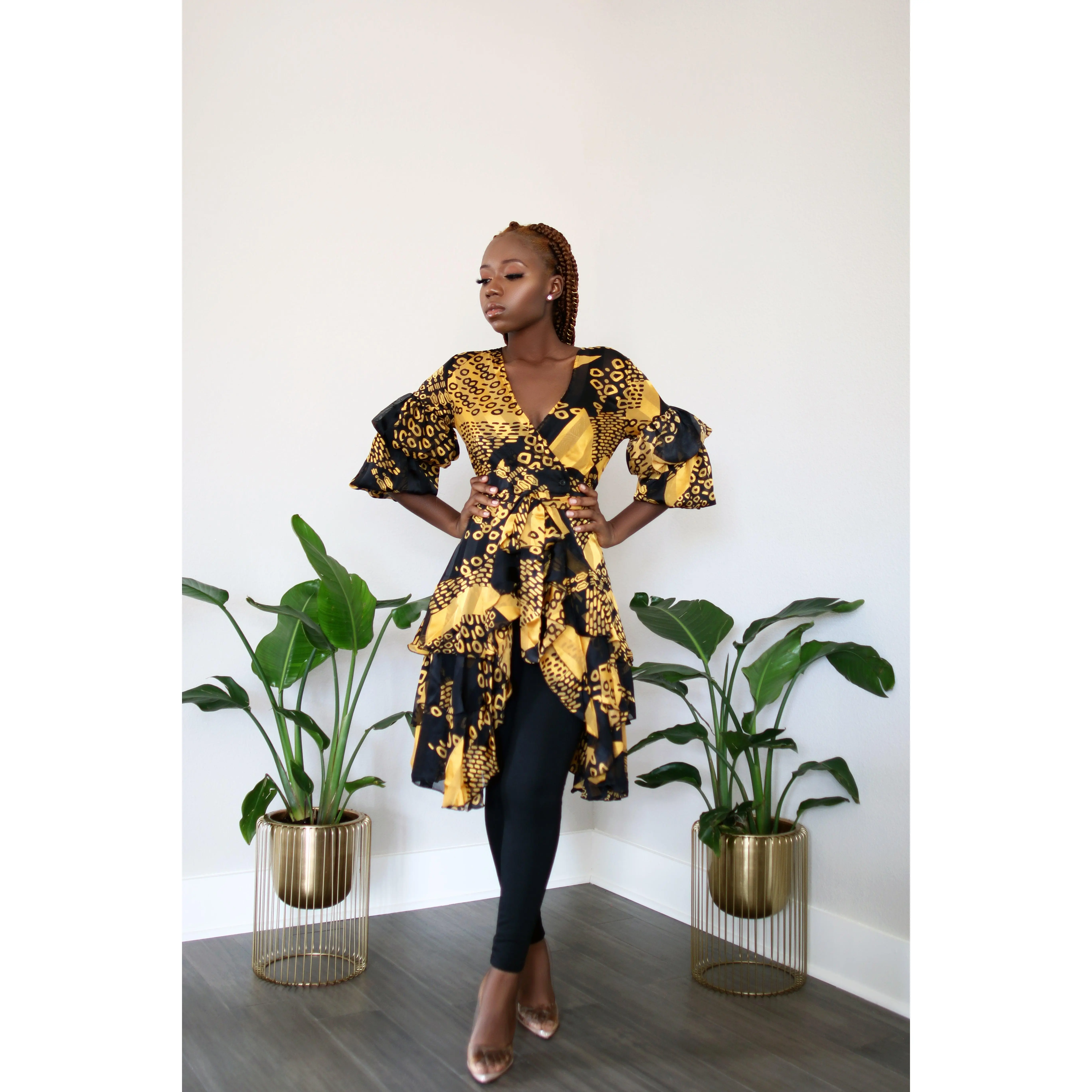 Flirt with Me Puff Sleeve Yellow/ Black Wrap Tunic with Detachable Belt