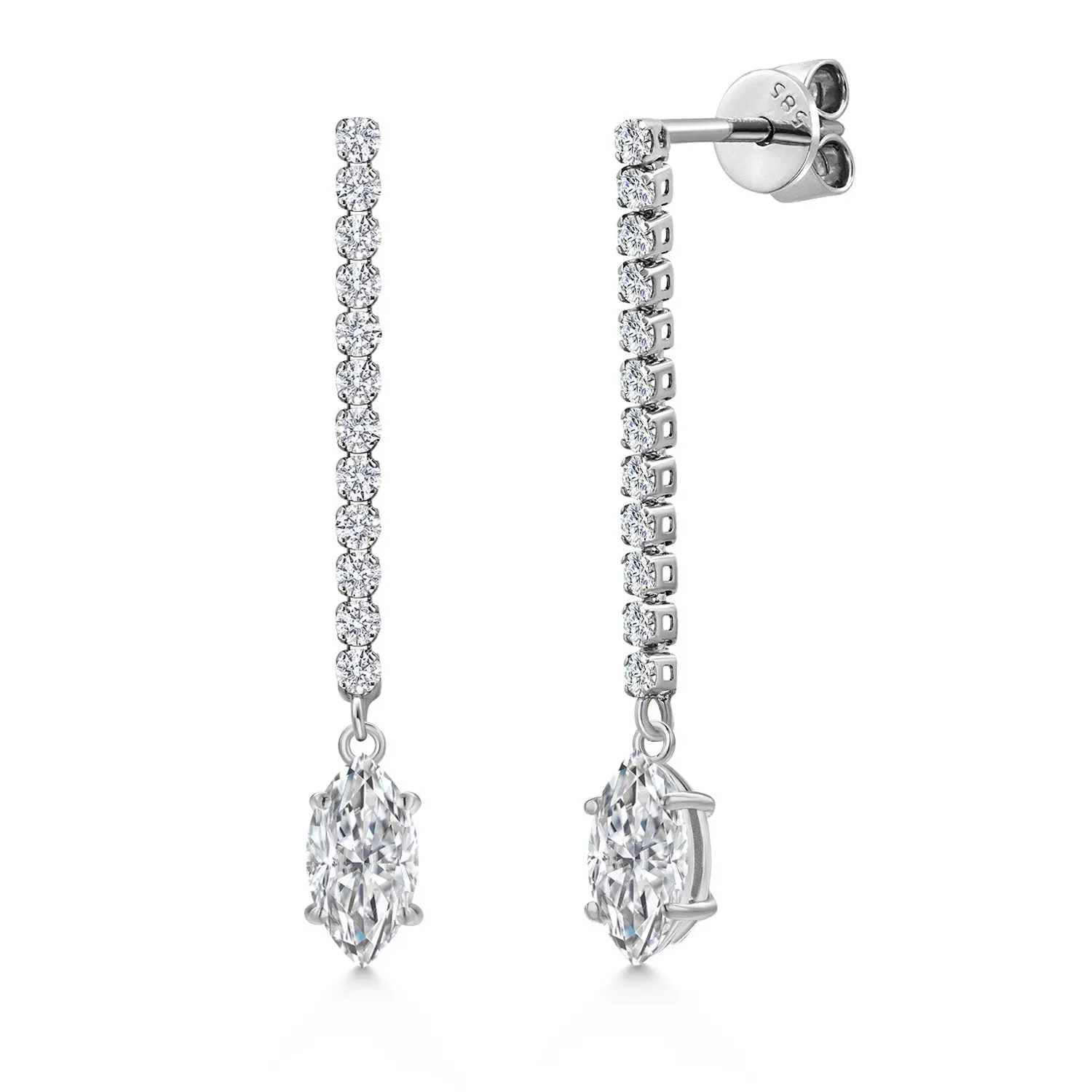 Gem Stone King 14K White Gold Gemstone Birthstone and White Lab Grown Diamond Long Liner Dangle Earrings for Women | Marquise Cut 8X4MM | Round 1.5MM | White Gold Chain Drop Earrings