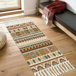 Indian Ethnic Geometric Fringe Cotton Linen Long Rug, Bohemian Hallway Non-Slip Mat, Kitchen Entry Washable Long Carpet, Boho Washable Rugs