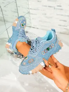 Women's Rhinestone Checkered Dad Shoes, Thick Sole Height Boost Anti-Slip, Casual Sporty Footwear, All-Season Textile Rubber Soles