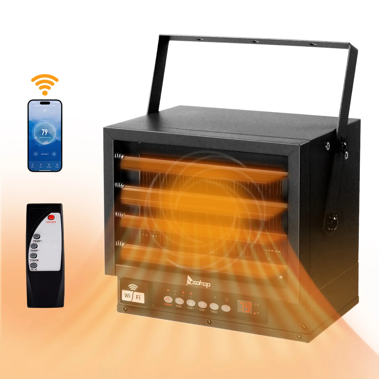 ZOKOP WiFi Smart Electric Garage Heater, 10000W Ceiling Mount Space Heater, 240-Volt Hard-Wired Heater Fan-Forced Shop Heater with Digital Thermostat, 12H Timer, Remote Control, Black