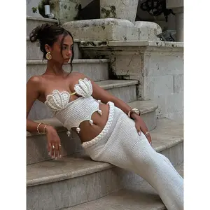 Crochet Knitted Pearl Bra Skirt Women Suit Backless Hollow Out Short Top Twists Long Skirt 2025 Summer Beach Holiday Female Set Clothes Bridal