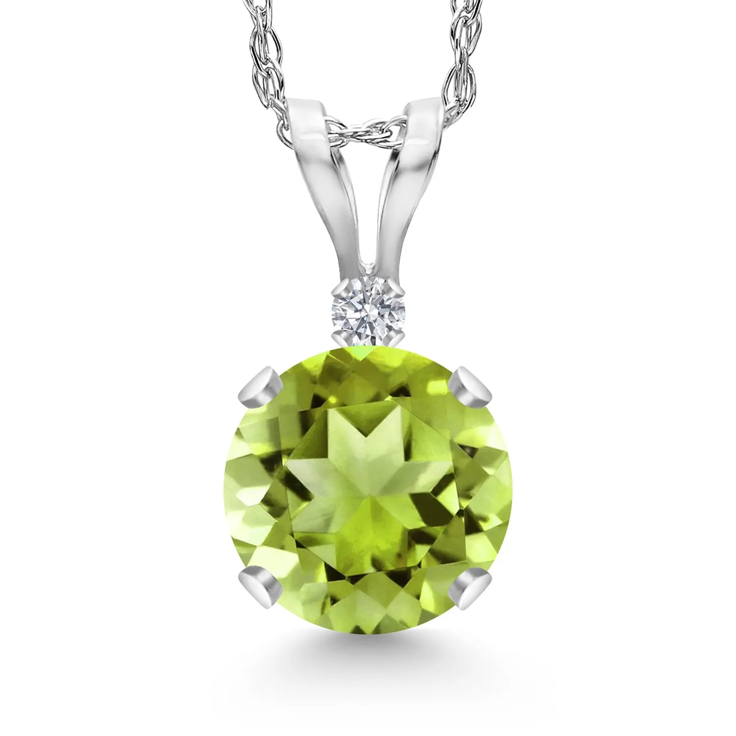 Gem Stone King 14K White Gold Green Peridot and Lab Grown Diamond Pendant Necklace for Women | 1.02 Cttw | Gemstone August Birthstone | Round 6MM | With 18 Inch Chain